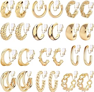NEWITIN 12 Pairs Gold Clip On Hoop Earrings for Women Retro Clip on Earrings Multiple Chunky Hoop Earrings No Piercing Fake Earrings Clip On Earrings for Girls