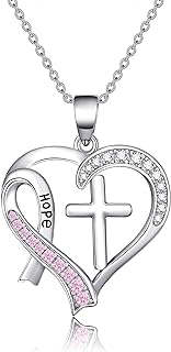 Breast Cancer Awareness Necklace Sterling Silver Cross Pink Ribbon Heart Pendant Survivor Gift Jewelry Gifts for Women Girls