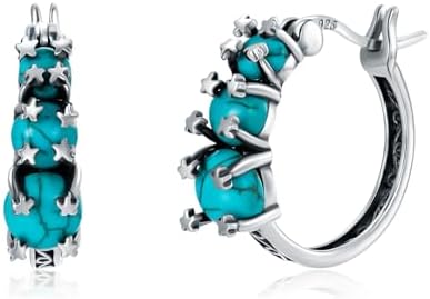 Women's Genuine Turquoise Hoop Earrings in 925 Sterling Silver, 3x5 MM Gemstone, Vintage Oxidized Design - Hypoallergenic December Birthstone Jewelry Gift