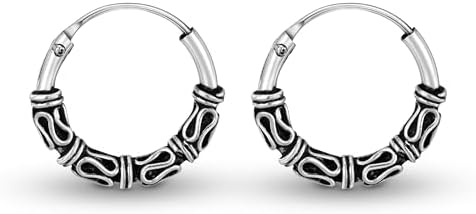 AeraVida Balinese Interlace Tribal Ornate .925 Silver 14mm Hoop Earrings