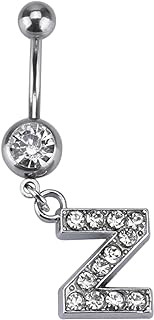 jieji Dangle Belly Button Rings Initial 14G Surgical Steel Navel Ring 26 Letters Cubic Zirconia Body Piercing