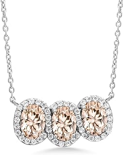 Women's Sterling Silver Peach Morganite Three-Stone Pendant Necklace with Link Chain and Lobster-Claw Clasp, 2.4 Cttw - 7x5MM Oval Cut, 18 Inches