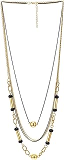 COOLSTEELANDBEYOND Waterfall Statement Necklace, Gold Black Multi-Strand Chains with Black Beads, Tube Charms and Circle Link, Party