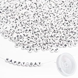 1200 Pcs White Round Letter Beads 4x7mm Acrylic Alphabet Beads Name Beads with 1 Roll Elastic Beading String Cord for DIY Bracelets Necklace Jewelry Making