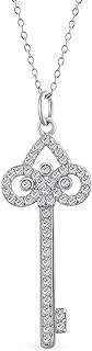 Fleur De Lis Cubic Zirconia Key Pendant Necklace with Rolo Chain for Women, Vintage Style 14K Gold Plated .925 Sterling Silver, 18 inches