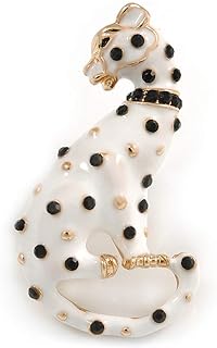 White/Black Enamel Panther Brooch In Gold Tone Metal - 43mm Tall