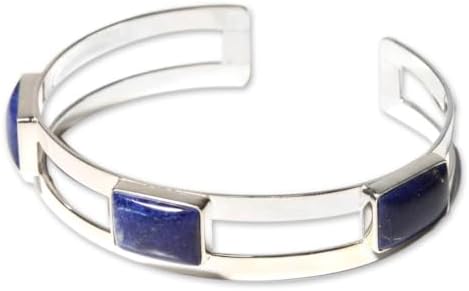 NOVICA Artisan Handmade Lapis Lazuli Cuff Bracelet Sterling Silver Blue Peru Royal Birthstone [6 in L (end to End) x 0.5 in W] ' Three Wishes'