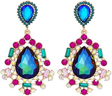 Glitter Rhinestone Statement Earrings for Women, Vintage Fancy Cluster Crystal Drop Dangle Earrings, Large Colorful Crystal Chandelier Earrings for Women Girls