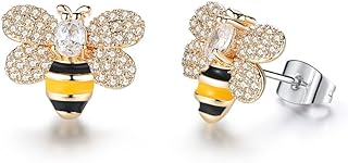Sparkling Cubic Zirconia Crystal Bee Stud Earrings with Push Back Design for Women and Girls - Cute Honeybee Shape