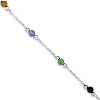 FB JEWELS Solid 925 Sterling Silver Rhodium-Plated 9Inch Polished Multi-Color Jade Anklet