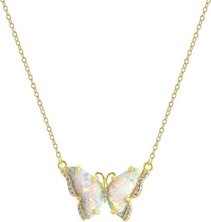Golden Opal Crystal Butterfly Pendant - 14K Gold Plated & Hypoallergenic 925 Sterling Silver Adjustable Cable Chain Necklace for Women, Cable Design