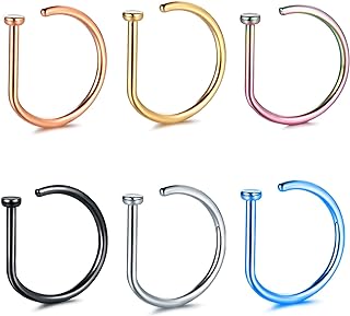 BLISI 6 PCS G23 Titanium Nose Ring Hoop Set 18G/20G D-Shaped Thin Nose Piercing Hoop Septum Lip Tragus Cartilage Hoop Earrings for Women Men