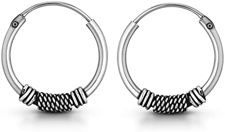 AeraVida Vintage Tribal Balinese 14mm Sterling Silver Hoop Earrings | Classic Sterling Silver Huggies Earrings | Vintage Earrings for Women | Small Bali Hoop Earrings Set