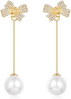 LILIE&WHITE Gold Bow Pearl Dangle Earrings for Women - Brass with Push-back Design