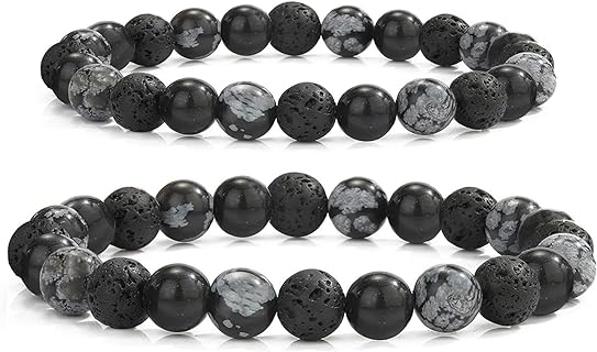 USA-Made Natural Stone Couple Bracelets with Lava Rock & Snowflake Obsidian Beads - Box Chain/Bead Chain Design Men's & Women's Bracelets, Spring Ring Clasp, Ideal Gift