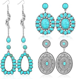 4 Pairs Turquoise Oval Earrings Vintage Western Drop Dangle Earrings Boho Jewelry for Women Feather Aesthetic Earrings Western Earrings Waterdrop Dangling Jewelry Bohemian Oval Earring