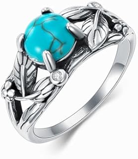 Genuine Turquoise Ring for Women, Sterling Silver Boho Leaf Nature Native American Western Jewelry Gemstone Ring Birthday Gift
