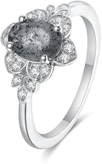 Salt and Pepper Herkimer Diamond Engagement Rings - 1.5 Carats Oval cut Natural Herkimer Diamond Vintage Black Wedding Rings for Women Floral Halo Moissanite Rings for Women