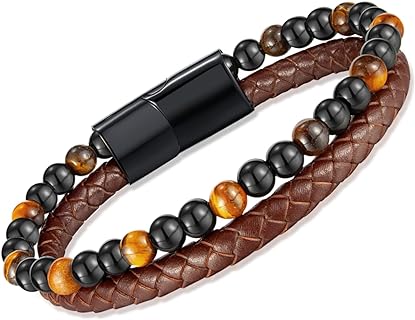 Snap Clasp Men's Lion Bead Bracelet with Tiger Eye Gems and Bead Chain - Stainless Steel and Leather Finishing for Men - Urban Style Design
