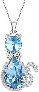 EleQueen Cat Necklace for Girls Cat Lovers, Women's Silver-Tone Pendant Necklace Cute Kitty Teardrop Cat Adorned with Austrian Crystal