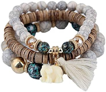 Caiyao Bohemian Stackable Wood Wooden Beads Elephant Charm Tassel Stretchy Bracelet Set for Women Men Girl Boy Teen Multilayered Multicolor Acrylic Resin Seeds Bracelet Ethnic Jewelry Gift