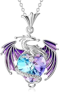 Dragon Necklace Sterling Silver Birthstone Wyvern Necklace with Heart Shaped Crystal Jewelry Gift for Women Girl