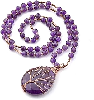 Jovivi Natural Amethyst Quartz Healing Crystals Necklace Wire Wrapped Teardrop Tree of Life Chakra Gemstone Pendant 28" Mala Beads Chain