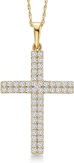 Gem Stone King 10K Yellow Gold White Lab Grown Diamond 2 Line Cross Crucifix Pendant Necklace For Women (0.44 Cttw, G-H Color, 55 Diamonds, 1 inch, Comes with 18 Inch Chain)