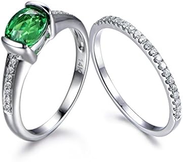 Natural Green Tsavorite Ring Set,5x7mm Oval Cut Gem Stone Half Eternity Diamond Wedding Promise Band Sets