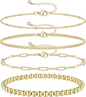 Timeless KissYan 14K Gold Plated 4mm Bead Bracelet Set with Cubic Zirconia, Lobster Claw Clasp for Women & Teen Girls, Stretchable & Versatile Design