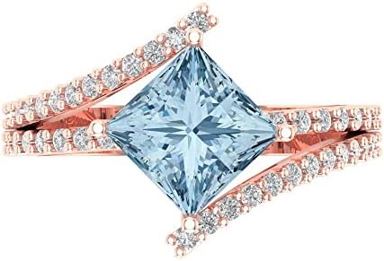 2.49 ct Princess Cut Natural Aquamarine 18K Rose Gold Solitaire W/Accents Anniversary Wedding Designer Engagement Ring