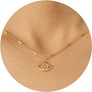 18K Gold Plated Evil Eye Women's Necklace with C-Link Chain - Turkish Blue Eye Protection Pendant