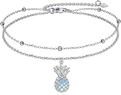 Spring Ring Moonstone Pineapple Anklet in Sterling Silver, Beaded Chain for Women, Layered Design - Tropical Charm Jewelry by YAFEINI for Girls