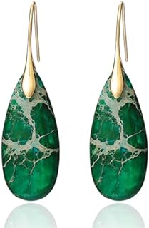 French Wire Green Drop Earrings with Natural Stones for Women, Unique Teardrop Design
