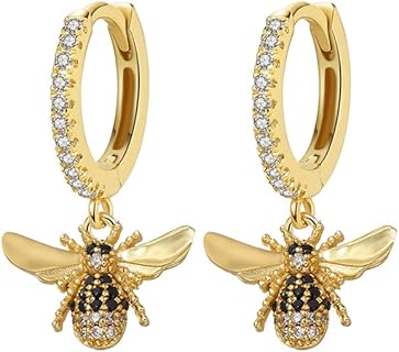 Gold Plated Copper Bee Drop Hoop Earrings with Zircon Accents for Women - Cute Huggie Style Design