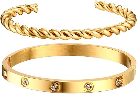 Gold Bracelets for Women - 2Pcs 18K Gold Plated Love Cubic Zirconia Bangle Crystal Friendship Bracelet Jewelry,Wedding Party Christmas Valentine's Day Birthday Gifts for Her Girlfriend Sister Daughter