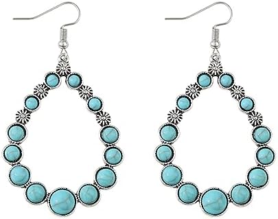 Bohemian Vintage Turquoise Oval Flower Drop Dangle Earrings Geometric Ethnic Teardrop Earrings Western Cowgirl Statement Jewelry