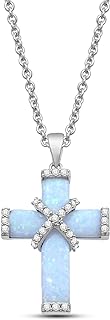 Jewelili Sterling Silver Special Cut Created Opal and Round White Sapphire Cross Pendant Necklace 19" Cable Chain