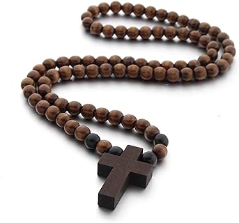 Wooden Cross Pendant Necklace - Wood Beads Cross Religion Necklace for Women Men Believer Prayer Baptism Jewelry
