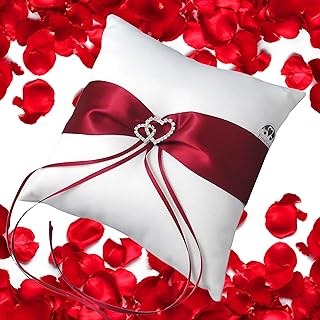 EinsSein Cojín Original de Anillos de Boda con Diseño de Corazones, 20x20cm, Rojo-Blanco, Lavable y Decorado con Cinta de Satén: Ideal para Iglesia y Registro Civil.