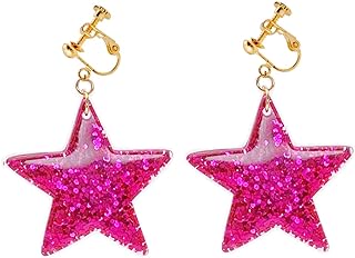 Pink Clip On Long Dangle Drop Earrings for Women Star Love Heart Non Pierced Dangle Earrings