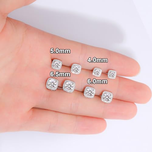 Moissanite Square Earrings Stud Screw Back 0.6-2.0ct 4-6mm 18K White Gold Plated 925 Sterling Silver Moissanite Diamond Halo Stud Earrings for Women Girls Men