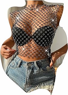 Women Mesh Body Chains Rhinestone Sleeve Crystal See Through Fishnet BikiniCrop Top suit for daily or night club jewelry