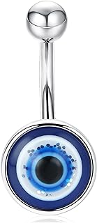 Sterling Silver Evil Eye Belly Ring, Platinum-Plated Navel Piercing for Sensitive Skin, Simple Barbell Design for Women