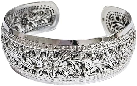 Women's Sterling Silver Wide Cuff Bracelet with Box Chain - Handcrafted Floral Bangle, Adjustable Size, UK Origin, 25mm Width, for Elegance and Sophistication