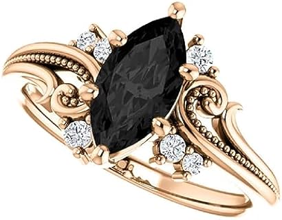 Love Band Vintage Floral Black Onyx Twig Leaf Marquise Engagement Ring in 14K Rose Gold - Sophisticated Wife's Woodland Jewelry Design
