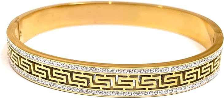 Handmade Designer Ancient Greek Meander Lifetime Jewelry Greek Key Pattern Bracelet Eternity Infinity Success Bracelets for women 18KT GOLD Vermeil 136 Austrian Crystal Diamond Geometric Bangle gift