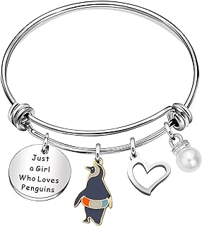 No-Clasp Box-Chain Penguin Brooch with Stainless Steel Gem for Women and Girls, Round Design Inspirational Bracelet Gift