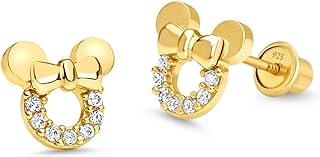14k Gold Plated Brass Mickey Mouse Earrings with Cubic Zirconia & Sterling Silver Post for Baby Girls, Screw Back, Ball Design