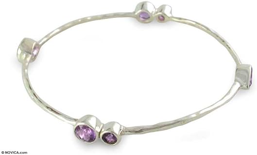 NOVICA Handmade Amethyst Bangle Bracelet .925 Sterling Silver from India Purple Birthstone [7.5 in Inner Circ. x 0.2 in W] 'Tango'